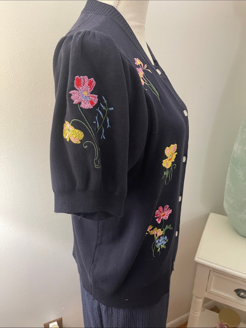 Navy Blue Floral Embroidered Button Cardigan - Picture 4 of 9